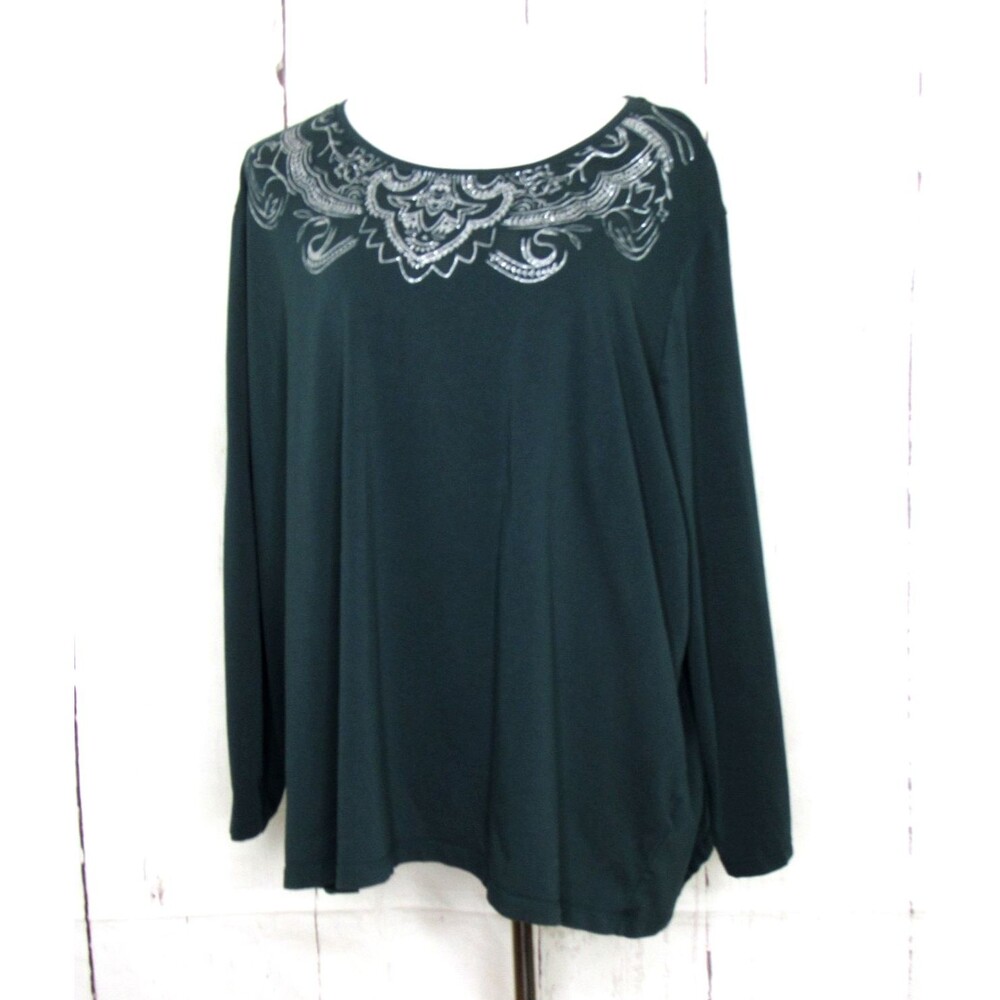 Catherines Women's Size 3X Pullover Top Round Neck Long Sleeve Green Casual
